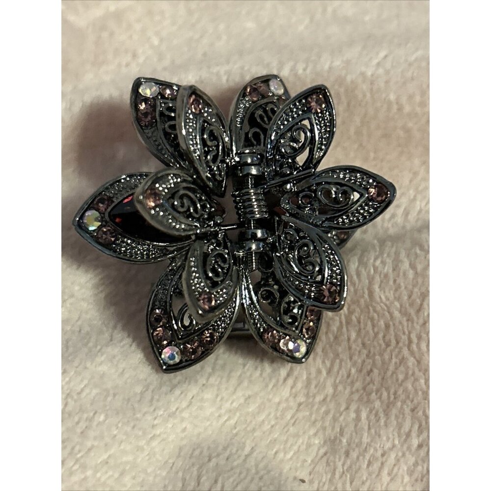 Flower Pin Brooch Claw Clip Silver W/Crystals Rhinestones Enamel Purple set of 2